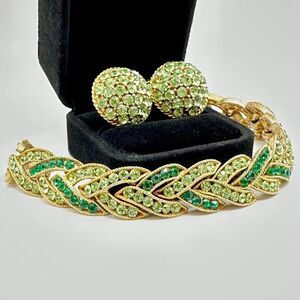 Vintage Crown Trifari Green Rhinestone Bracelet and Earring Set 1963